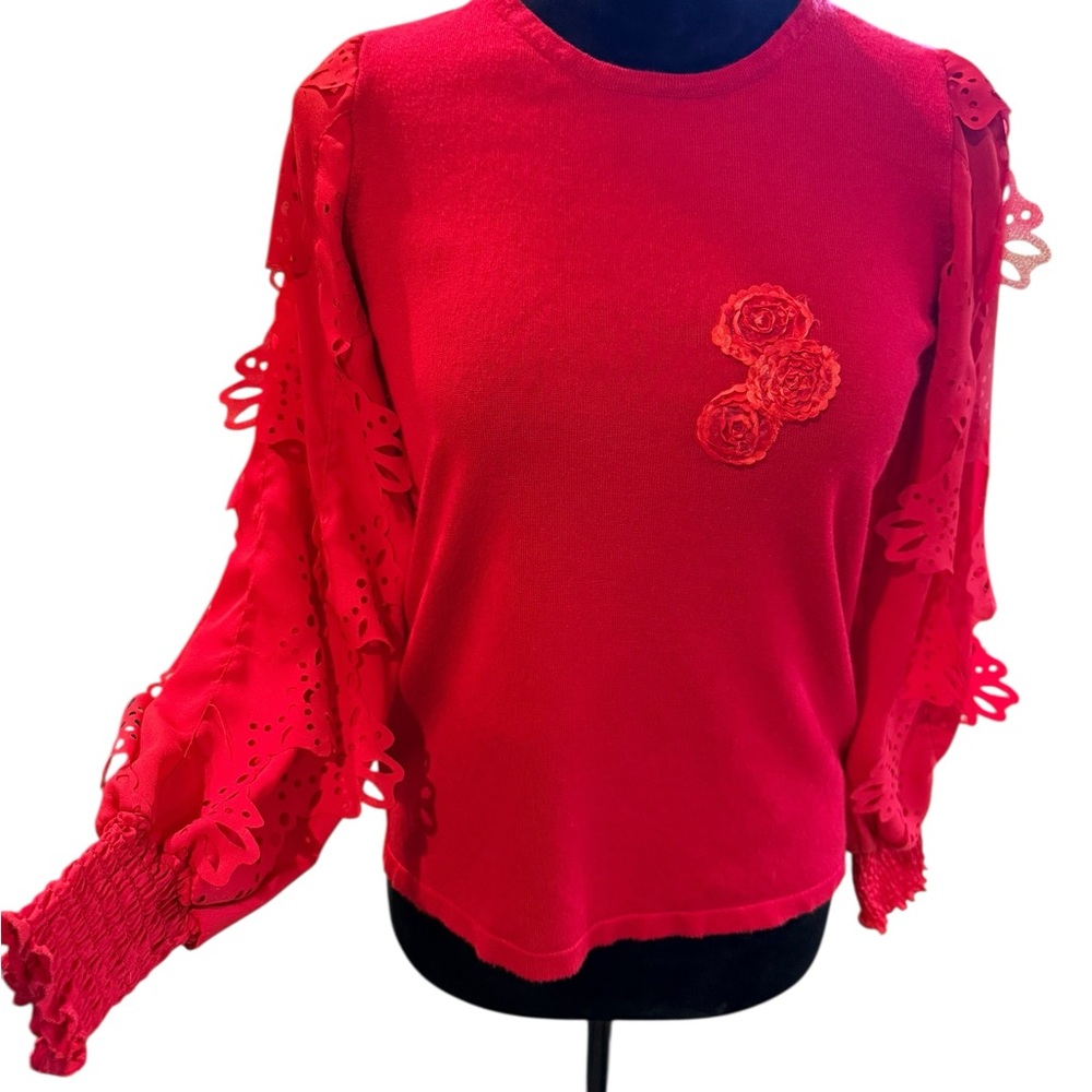 Chico's Red Lace Cutout Sleeve Blouse Valentine's Day Top Small or 4 6